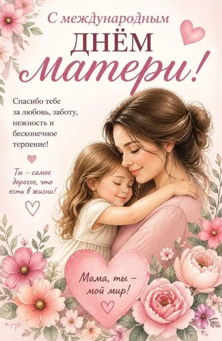 Красивая открытка на День матери с нежным рисунком и стихами