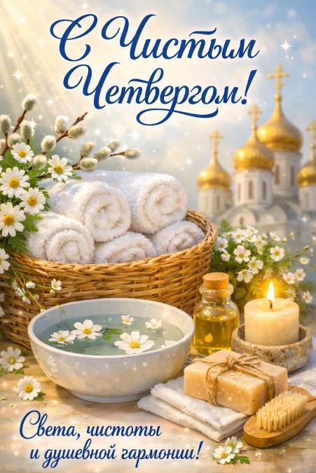 Открытка с Чистым четвергом: корзина с полотенцами, чаша с водой и ромашками, свеча и храм на заднем плане