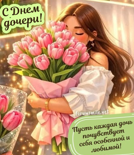 Открытка с Днем дочери: красивая девушка с букетом тюльпанов
