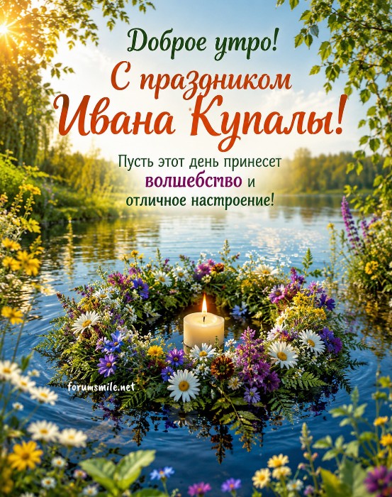 Праздничная открытка на Ивана Купалу: цветочный венок со свечой плавает в реке на фоне летнего леса