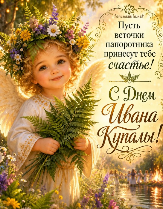 Открытка с Днем Ивана Купалы: красивый ангелочек с папоротником