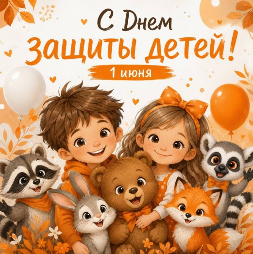 Открытка с Днем защиты детей: дети и лесные зверята
