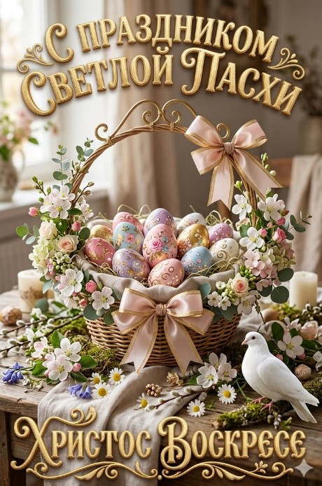 Красивая открытка С Пасхой, корзина с яйцами и голубь