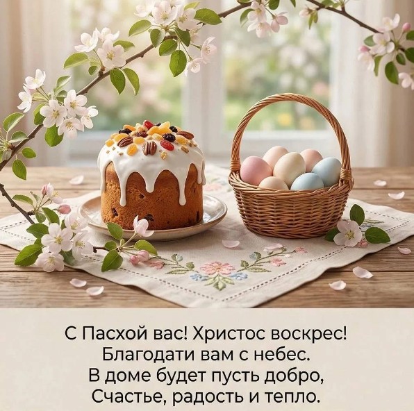 Пасхальный кулич с глазурью и корзинка с разноцветными яйцами на столе среди цветущих веток яблони