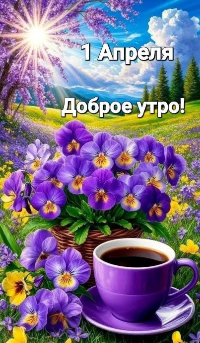 Красивая открытка с 1 апреля: доброе утро и фиалки