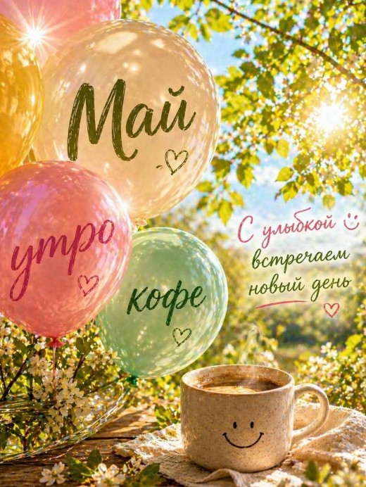 Открытка Доброе майское утро с кофе и воздушными шарами