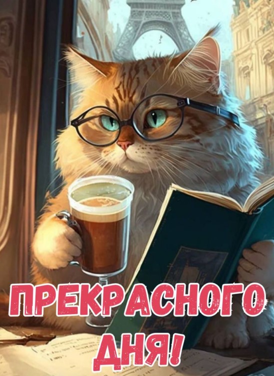 Кот со строгим взглядом, в очках с кружкой кофе