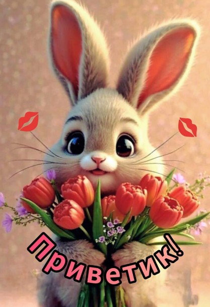 Открытка с милым зайчиком и букетом тюльпанов «Приветик!»