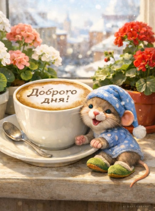Милый плюшевый мышонок в голубой пижаме сидит рядом с чашкой кофе с надписью Доброго дня 