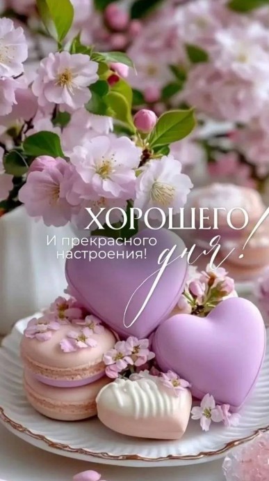 Эстетичная открытка с пожеланием хорошего дня, нежными розовыми цветами и десертами в форме сердец на светлом фоне