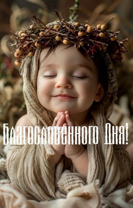 Милый маленький ребенок в венке из веточек молится, надпись на открытке Благословенного дня