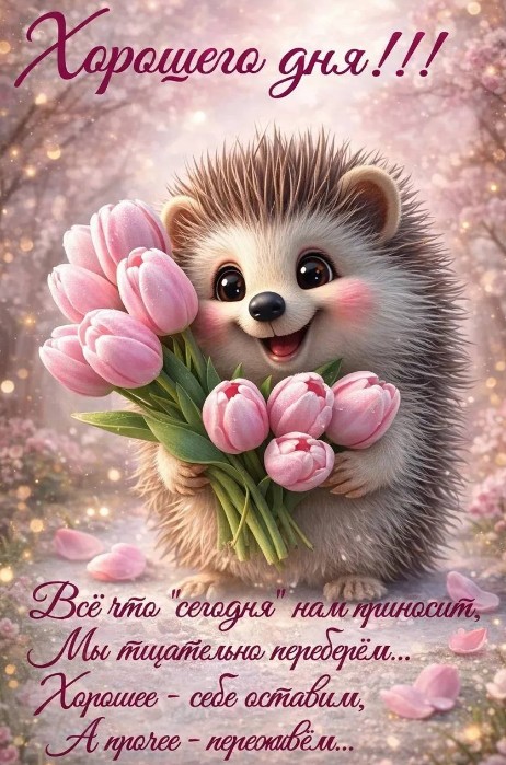 Открытка с ежиком и тюльпанами, пожелание хорошего дня