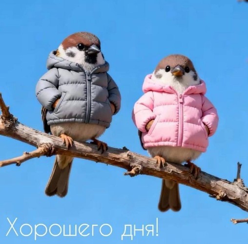 Два милых воробья в маленьких серых и розовых пуховиках сидят на ветке на фоне голубого неба с надписью Хорошего дня