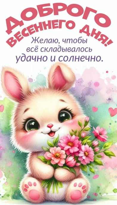 Открытка Доброго весеннего дня с милым кроликом и цветами
