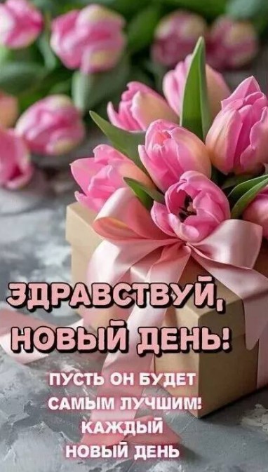 Красивая открытка Здравствуй, новый день! с тюльпанами