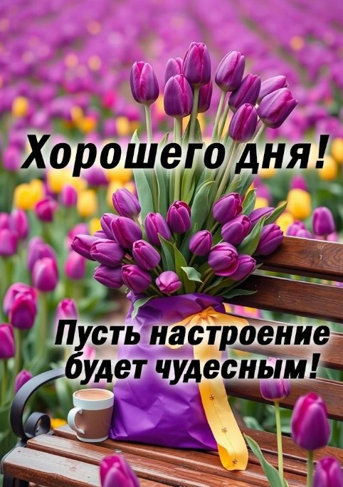 Открытка Хорошего дня с фиолетовыми тюльпанами на скамейке