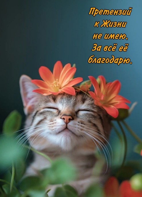 Открытка с милым котенком и пожеланием благодарности жизни, хорошего дня