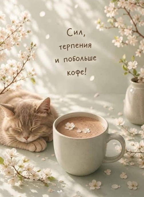 Открытка с пожеланием сил и терпения с котом и кофе, бодрого дня