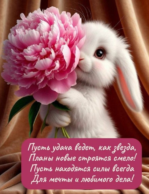 Открытка с пожеланиями удачи и милым кроликом с пионом