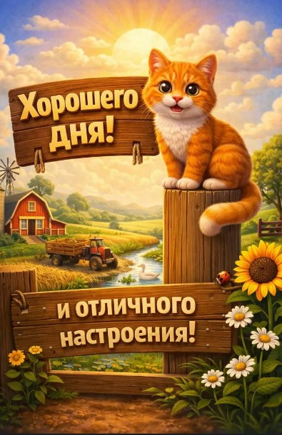 Открытка Хорошего дня и отличного настроения с рыжим котиком