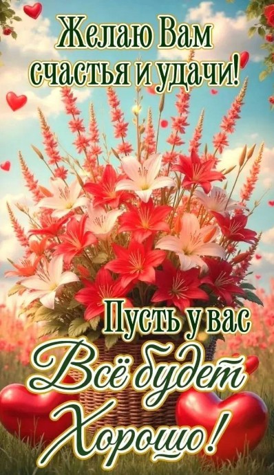 Красивая открытка с цветами и пожеланием счастья и удачи