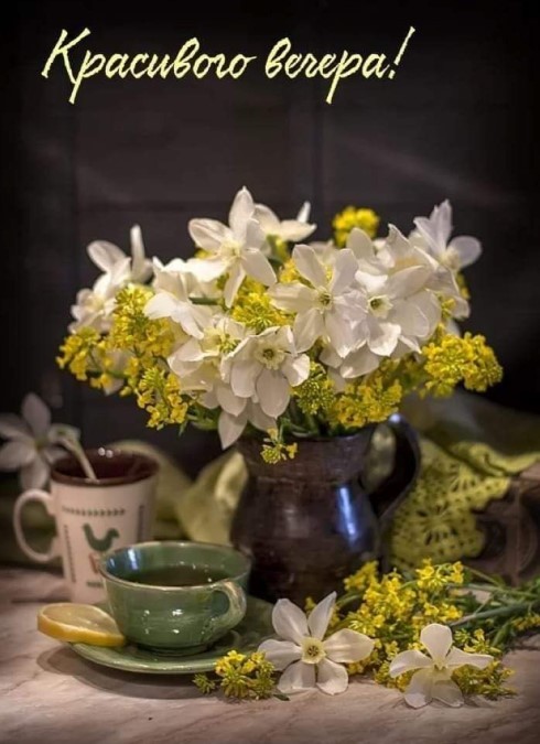 Картинка красивого вечера с полевыми цветами и чашечкой чая