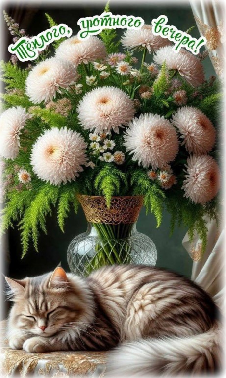 Открытка с пожеланием теплого и уютного вечера с котиком