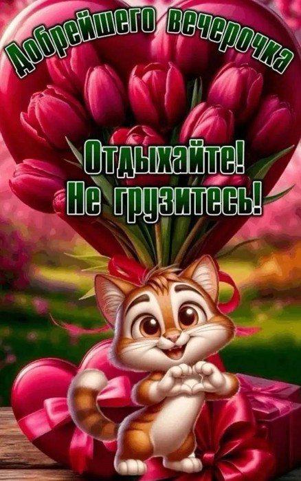 Открытка с пожеланием доброго вечера и милым котиком