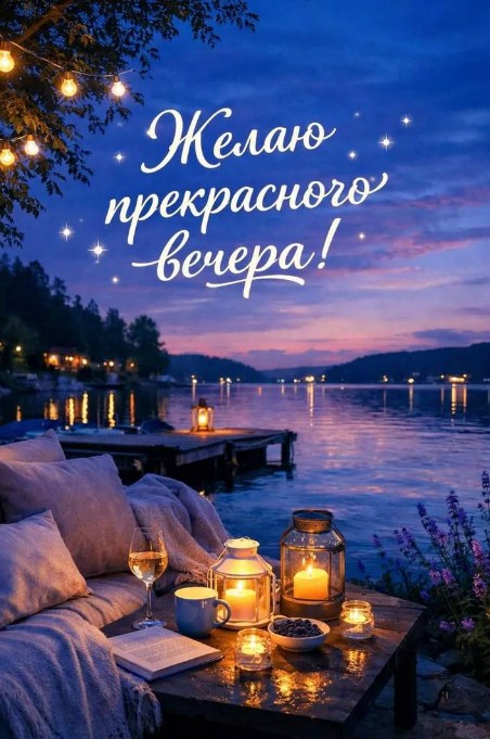 Романтичный вечер на берегу озера со свечами, книгой, бокалом вина и надписью Желаю прекрасного вечера
