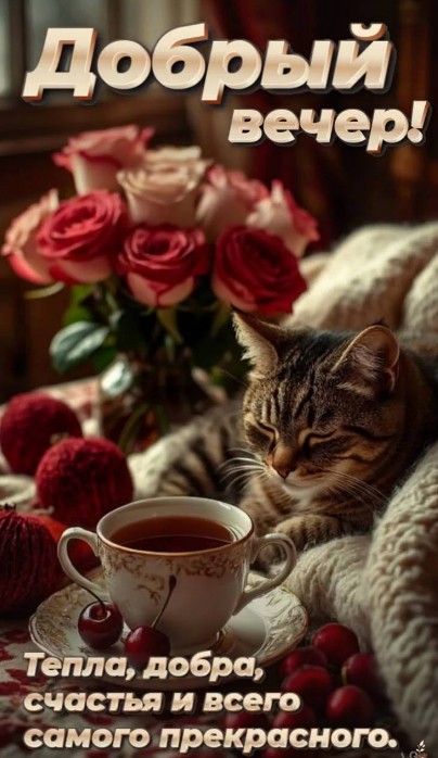 Открытка Добрый вечер с уютным котом, розами и чаем