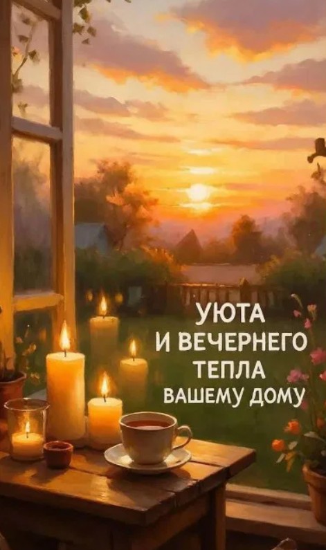Уютная открытка с чашкой чая, горящими свечами на подоконнике и закатным пейзажем за окном
