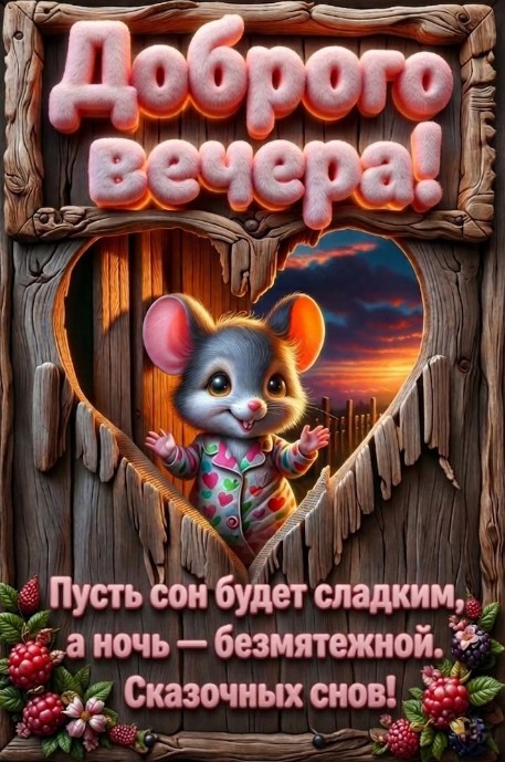Красивая открытка Доброго вечера со сказочным мышонком