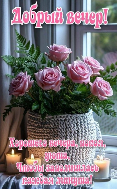 Красивая открытка Добрый вечер с нежными розовыми розами
