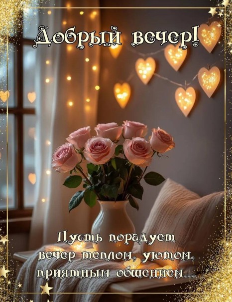 Открытка Добрый вечер с нежными розами и уютной атмосферой