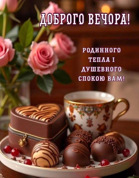 Открытка Доброго вечера: розы, шоколад и уютное пожелание