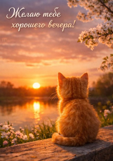 Открытка с пожеланием хорошего вечера с рыжим котенком