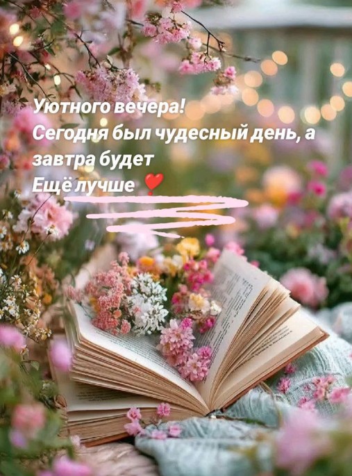Открытка с пожеланием уютного вечера и красивыми цветами