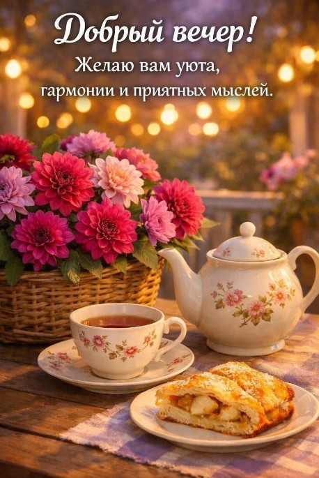 Красивая открытка Добрый вечер с цветами и чаепитием