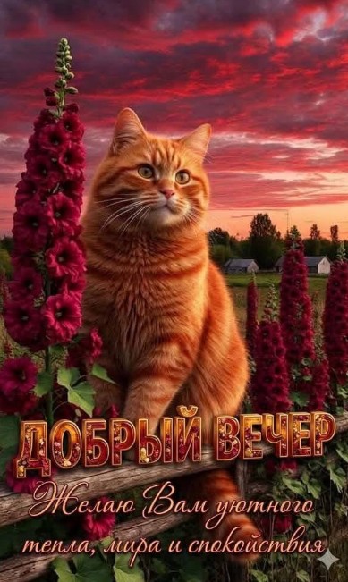 Красивая открытка Добрый вечер с рыжим котом и цветами