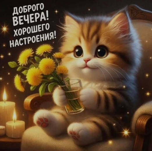 Открытка Доброго вечера и хорошего настроения с милым котенком