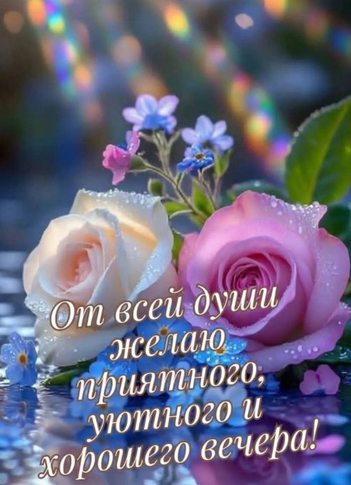 Открытка с пожеланием приятного и уютного вечера с розами
