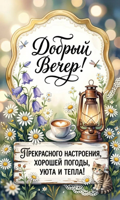 Красивая открытка Добрый вечер с цветами, кофе и котенком