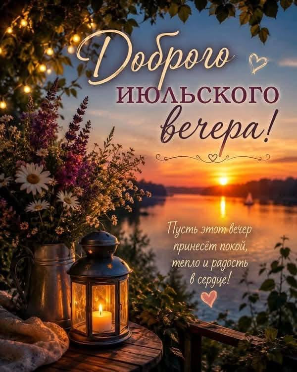 Открыткас пожеланием доброго июльского вечера.