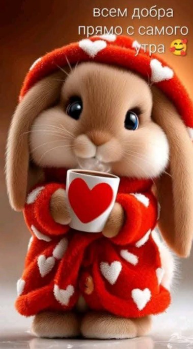 Открытка Доброе утро: милый зайчик с чашкой кофе