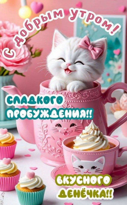 Открытка с добрым утром: милый котенок в чайнике