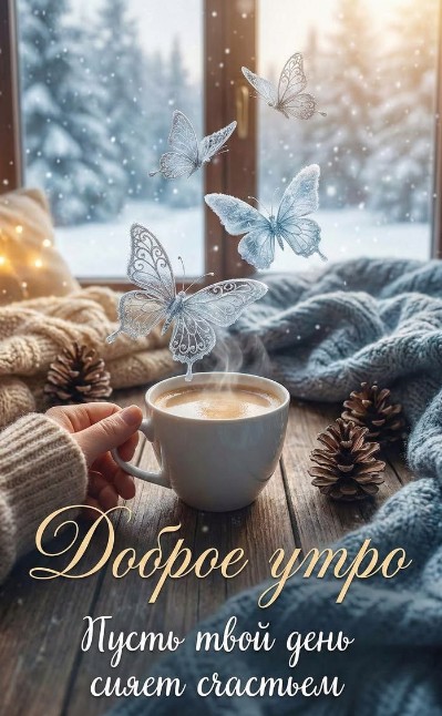 Красивая открытка Доброе утро: зимнее настроение с бабочками