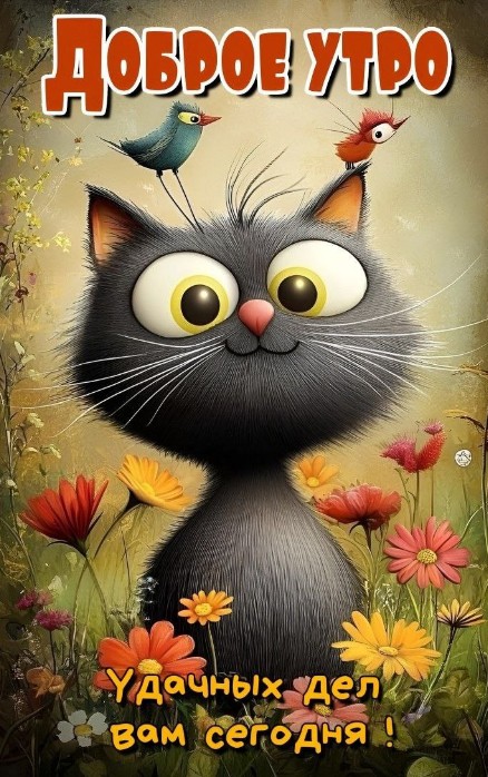 Открытка Доброе утро с милым котиком и птичками в цветах