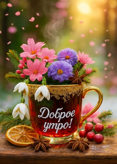 Открытка с надписью Доброе утро, чашка чая с цветами, подснежниками и дольками апельсина на деревянном столе
