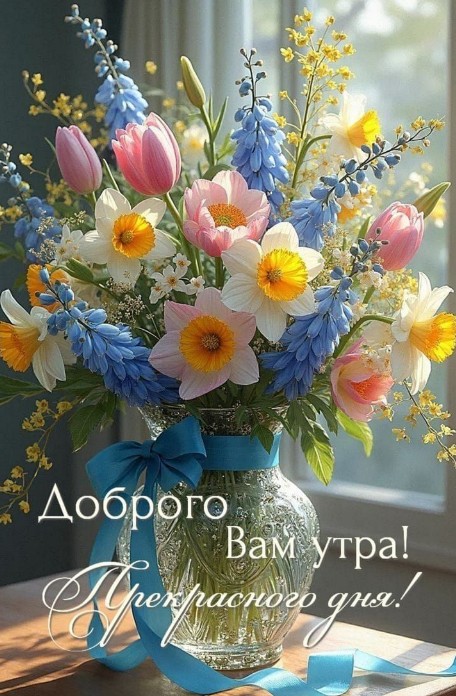 Красивый букет весенних цветов в стеклянной вазе с голубой лентой и надписью Доброго  вам утра