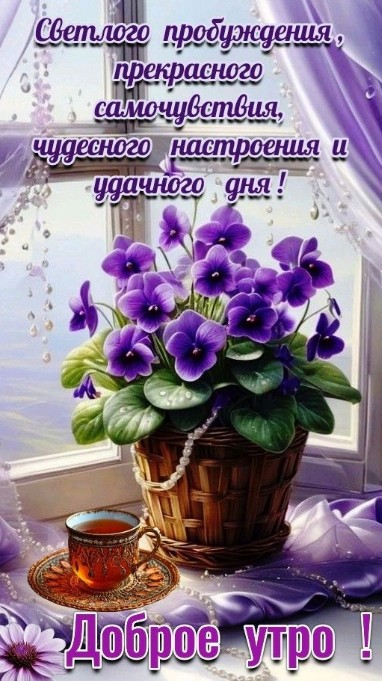 Открытка Доброе утро с фиолетовыми фиалками в корзинке и чашкой чая на подоконнике